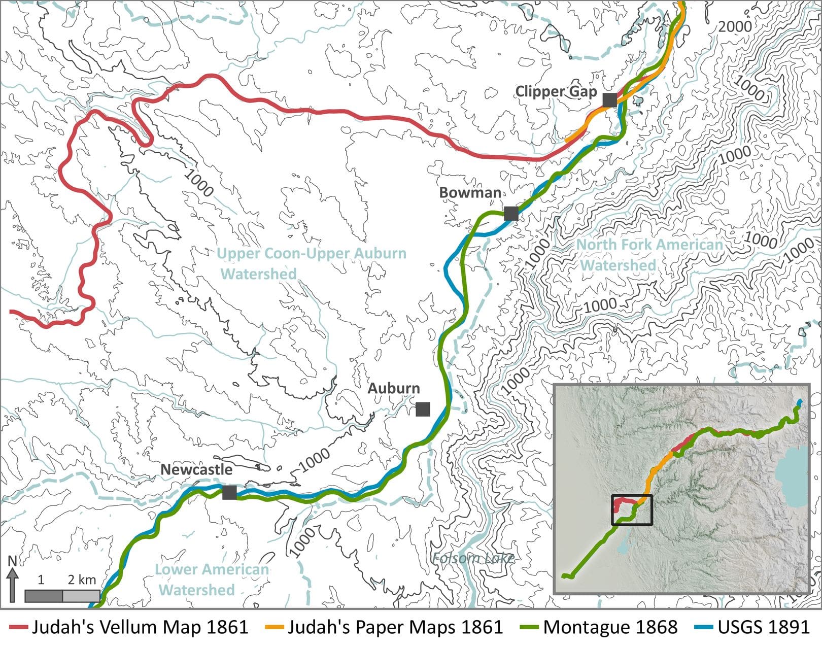 A map showing topo lines in gray, streams in light blue, and railroad lines in bright red, blue, green, and gold.