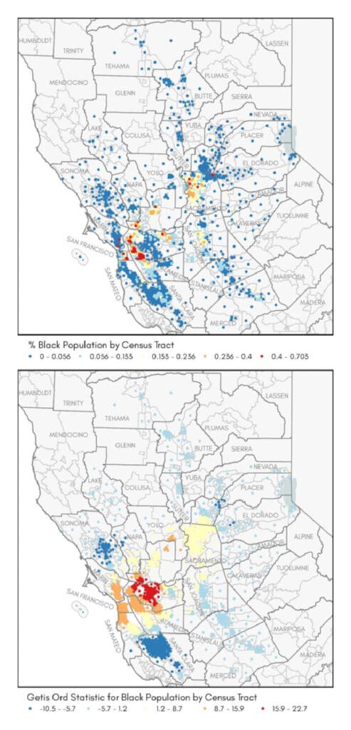 Map of observed distribution of Black populations by census tract and the calculated Getis-Ord Gi* statistic