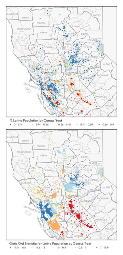 Map of observed distribution of Latino populations by census tract and the calculated Getis-Ord Gi* statistic