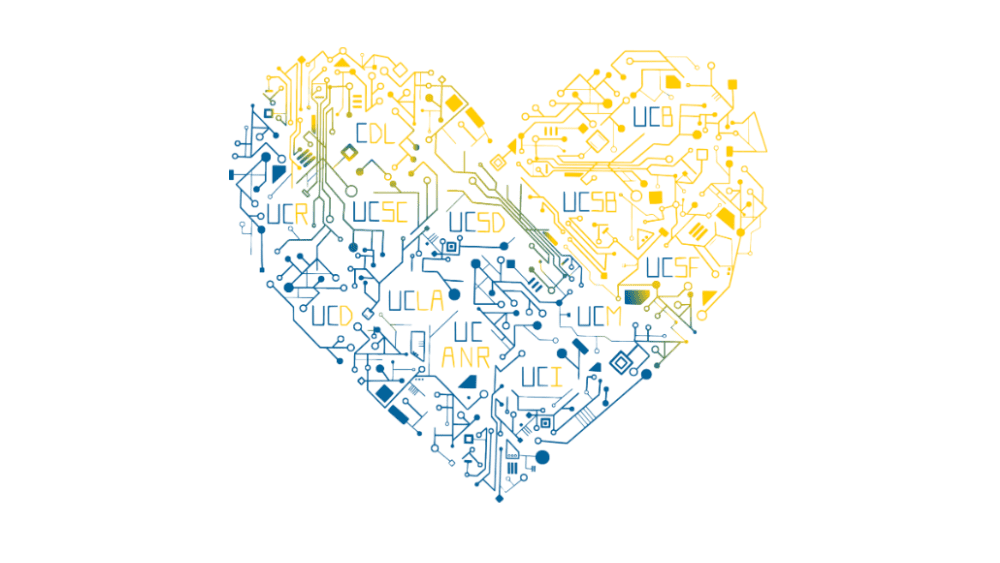 Heart shape with blue and gold nodes and 12 acronyms for the University of California campuses and affililates participating in UC Love Data Week embedded