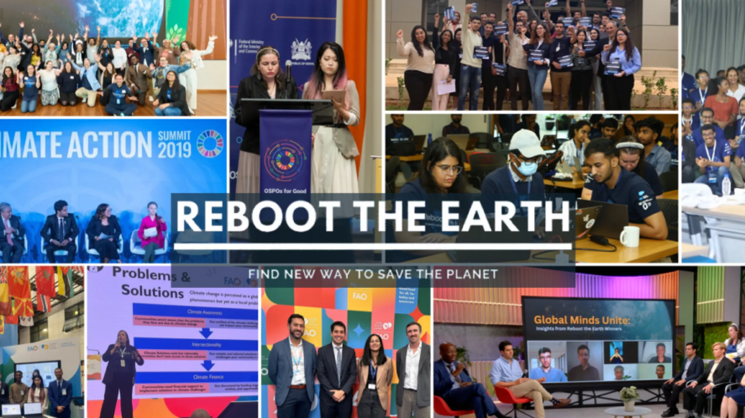 Decorative photo of hackathon participants with Reboot the Earth in white text.